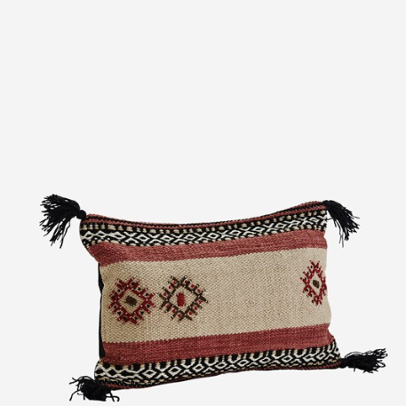 Madam Stoltz Cushion Cover With Tassels - Camel/Black/Paprika
